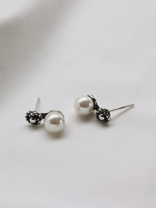 Boomer Cat 925 Sterling Silver Imitation Pearl White Flower Vintage Stud Earring 0