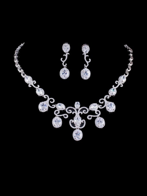 L.WIN Brass Cubic Zirconia Luxury Flower Earring and Necklace Set