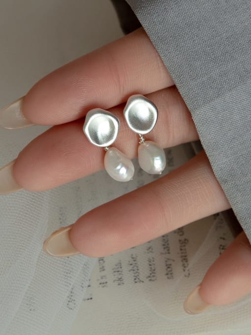Silver 925 Sterling Silver Imitation Pearl Geometric Minimalist Drop Earring
