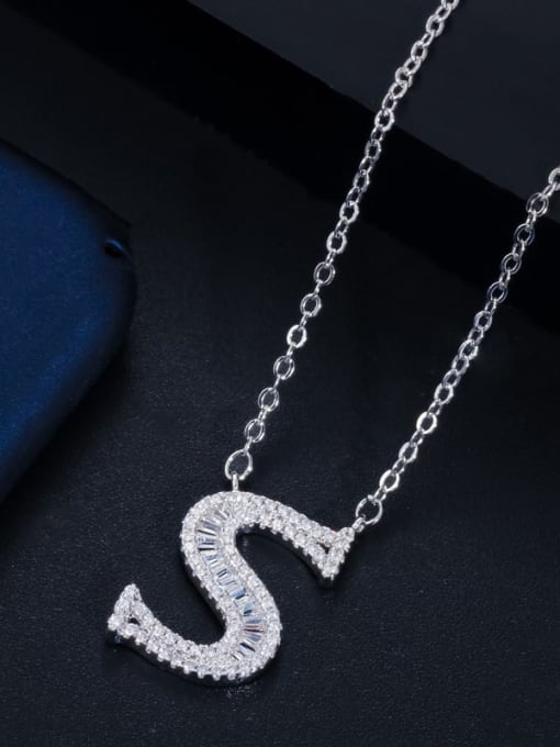 Letter S with chain Copper Cubic Zirconia Message Minimalist letter pendant Necklace