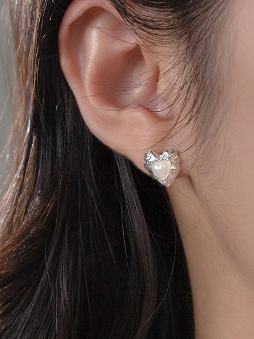 Rosh 925 Sterling Silver Imitation Pearl Heart Dainty Stud Earring 1