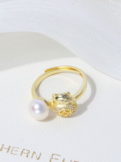 RAIN Brass Freshwater Pearl Cat Vintage Band Ring 2