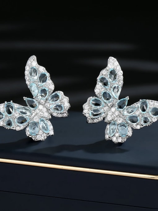 Platinum  light blue large Brass Cubic Zirconia Butterfly Luxury Cluster Earring