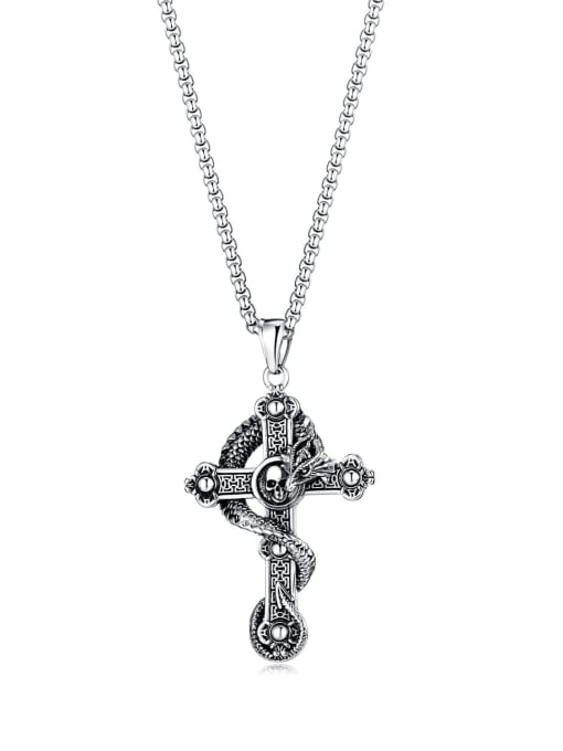 2182 pendant +with pearl chain 35+5cm Titanium Steel Skull Vintage Regligious Man  Necklace