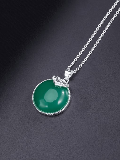 SILVER MI 925 Sterling Silver  Round Vintage Green Chalcedony  Pendant Necklace 3