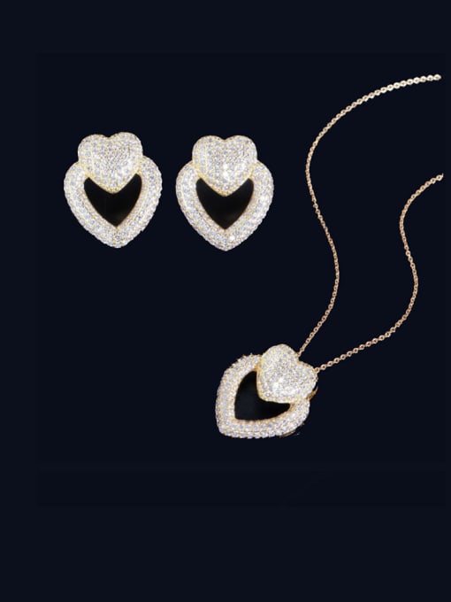 Gold white Set Brass Cubic Zirconia Statement Heart  Earring and Necklace Set