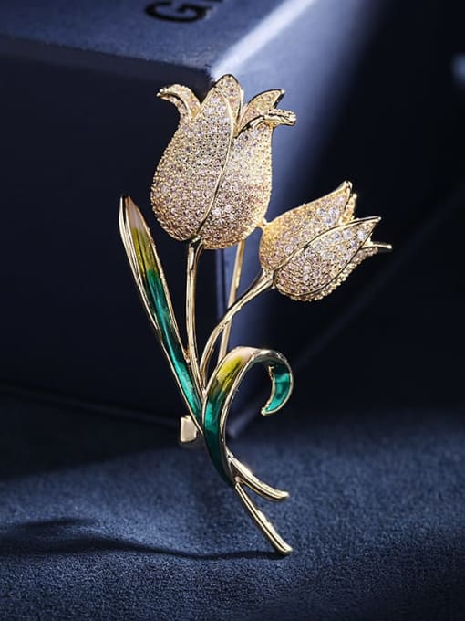Golden +white Brass Cubic Zirconia Flower Statement Brooch