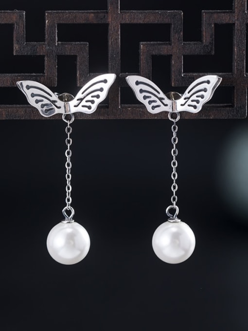 SILVER MI 925 Sterling Silver Imitation Pearl Butterfly Vintage Drop Earring 1