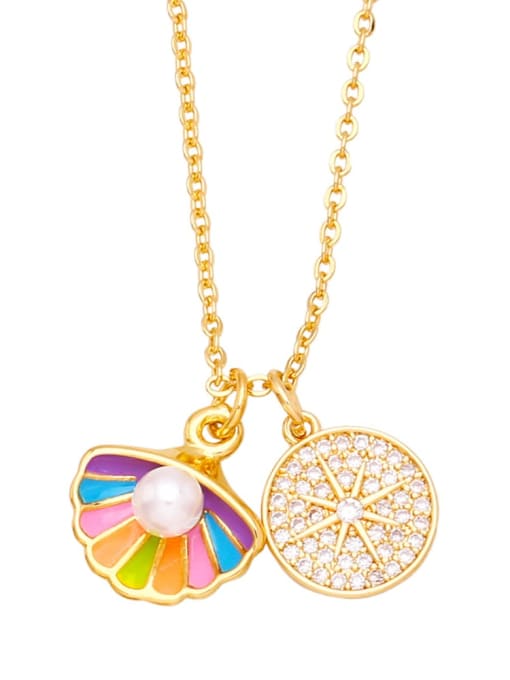 Mixed color Brass Cubic Zirconia  Vintage Shell Pearl Hexagram Double Pendant  Necklace
