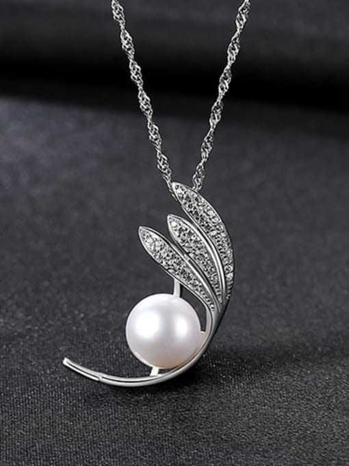 White Platinum 6c09 925 Sterling Silver Freshwater Pearl Leaf pendant Necklace