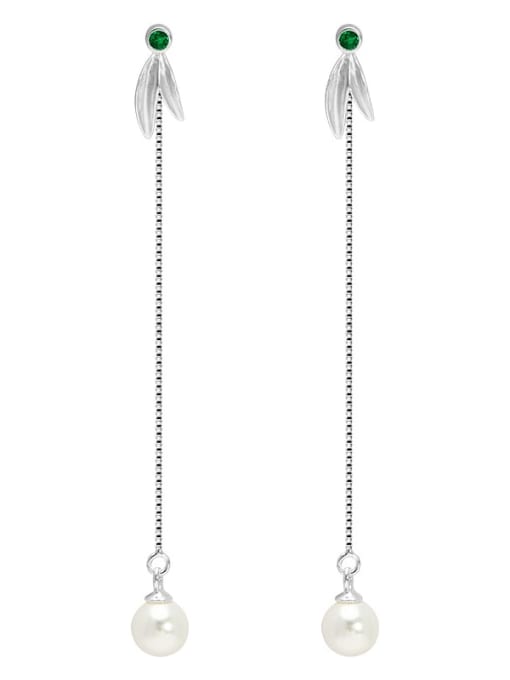 SILVER MI 925 Sterling Silver Imitation Pearl Tassel Minimalist Threader Earring 0