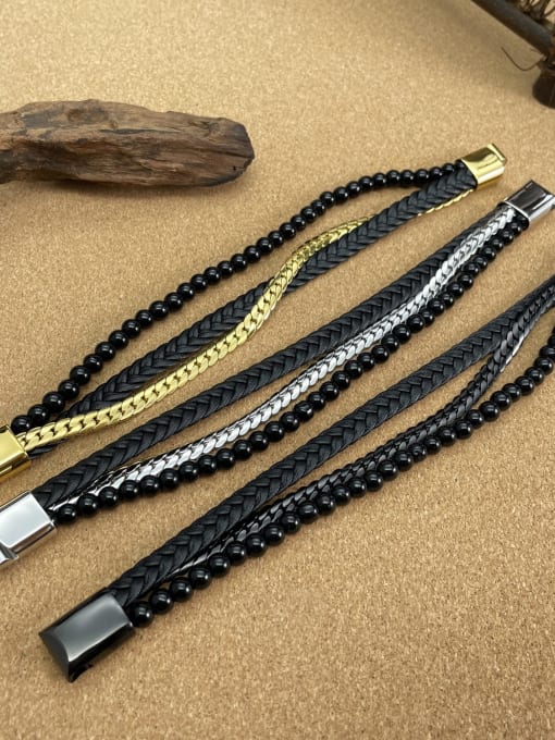 Open Sky Titanium Steel Artificial Leather Weave Hip Hop Strand Bracelet 3