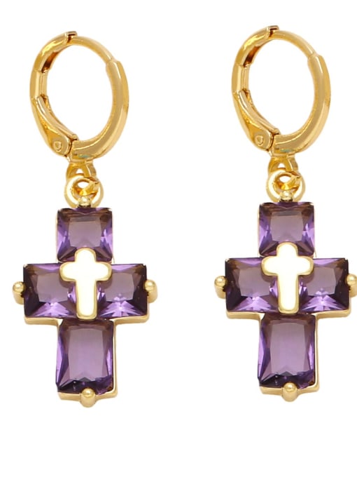 purple Brass Cubic Zirconia Cross Hip Hop Huggie Earring