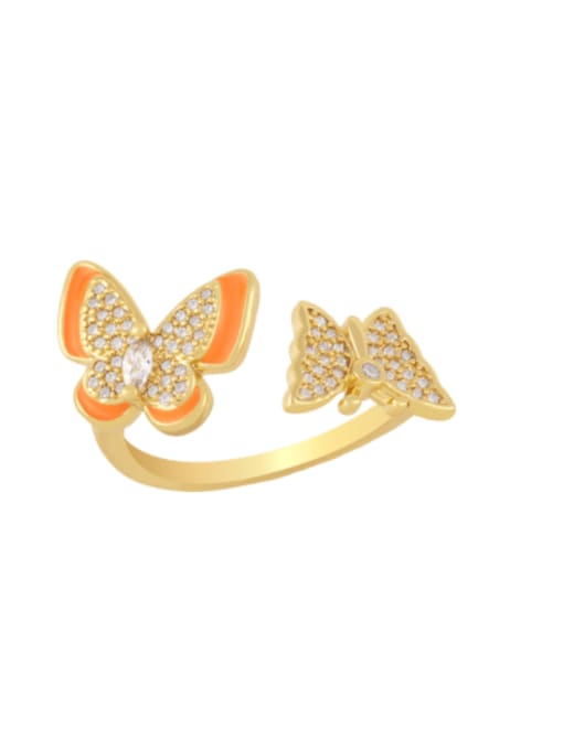 orange Brass Enamel Cubic Zirconia Butterfly Hip Hop Band Ring