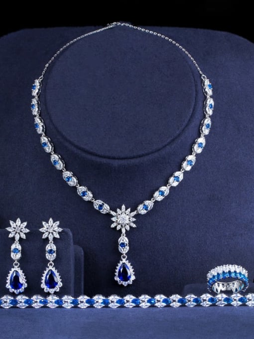 Blue Size 8 four piece set Copper Cubic Zirconia Luxury Water Drop Earring and Necklace Set