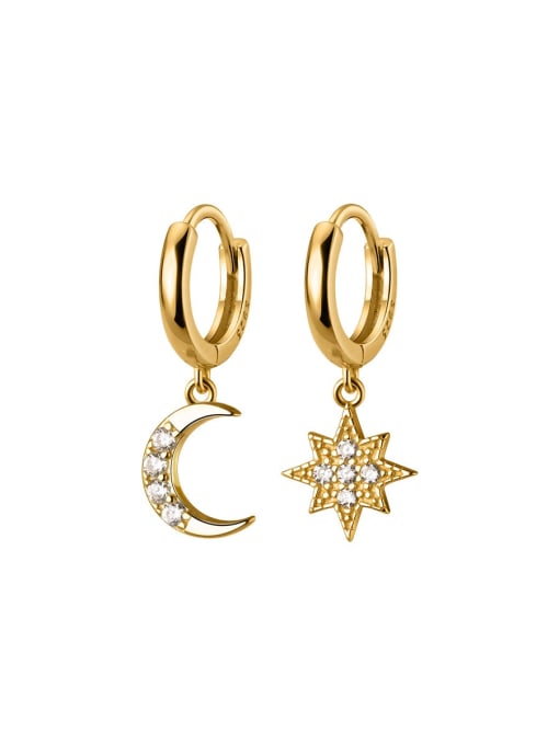 Gold 925 Sterling Silver Cubic Zirconia Asymmetrical  Star Moon Dainty Huggie Earring