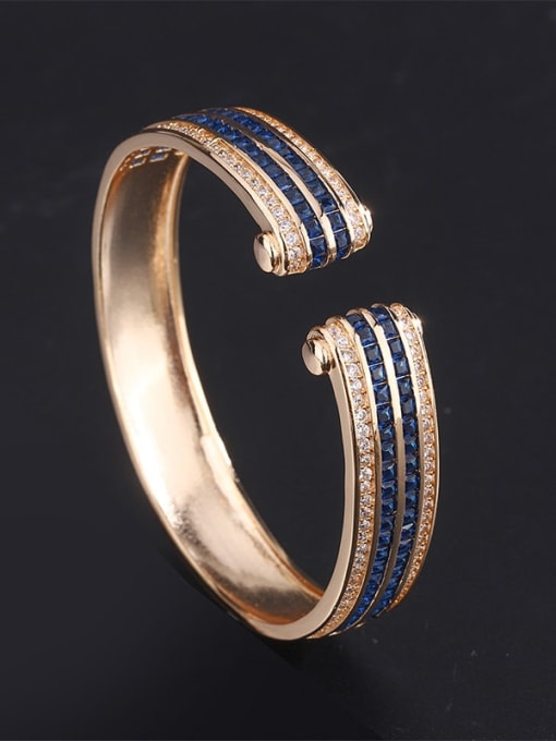blue Brass Cubic Zirconia Geometric Luxury Cuff Bangle