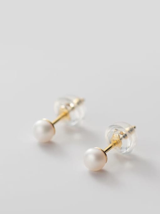 White Pearl Earrings Gold 4- 5MM 925 Sterling Silver Freshwater Pearl  Round Minimalist Stud Earring