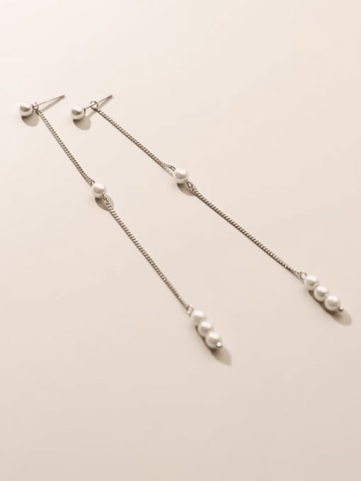 Silver 925 Sterling Silver Imitation Pearl Tassel Minimalist Drop Earring