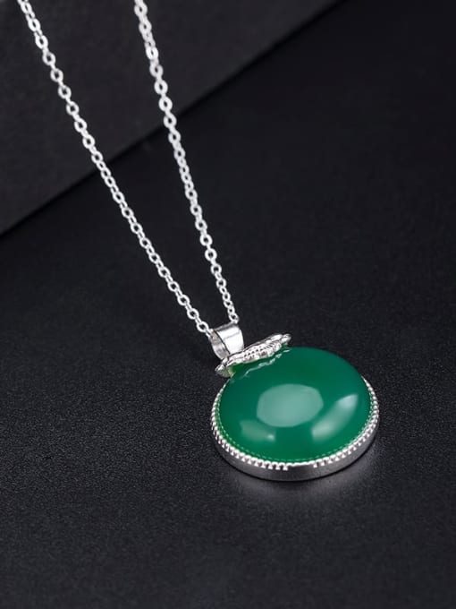 SILVER MI 925 Sterling Silver  Round Vintage Green Chalcedony  Pendant Necklace 1
