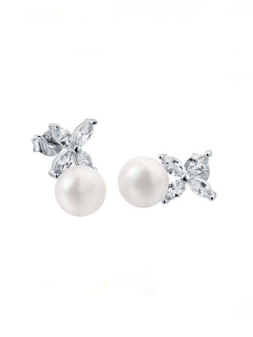Platinum 925 Sterling Silver Imitation Pearl Clover Minimalist Stud Earring