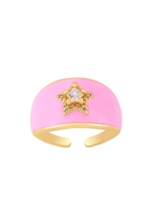 Pink Brass Enamel Rhinestone Star Minimalist Band Ring