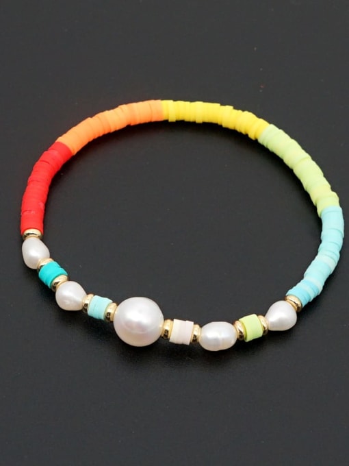 ZZ B200056I Freshwater Pearl Multi Color Polymer Clay Round Bohemia Stretch Bracelet