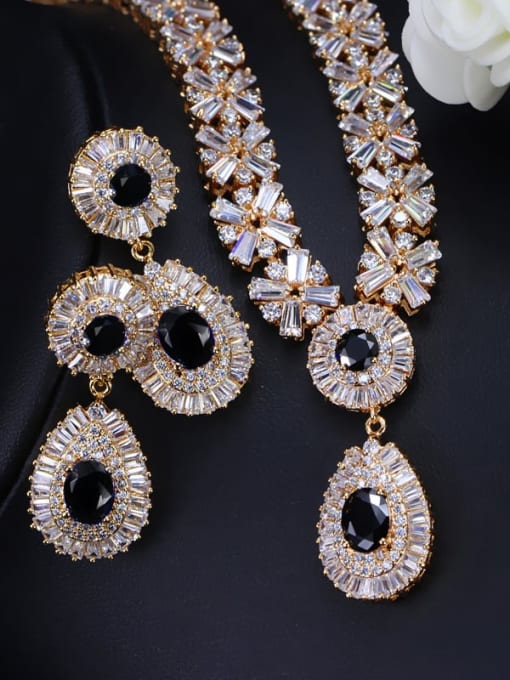 Champagne Gold Black zirconium Brass Cubic Zirconia Luxury Geometric Earring and Necklace Set