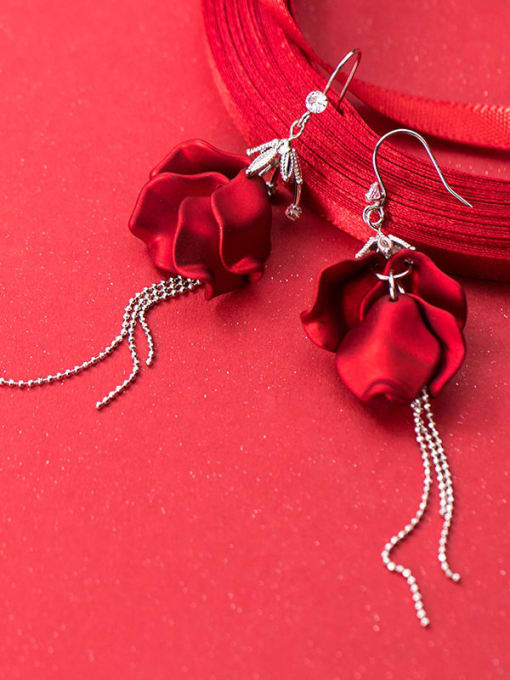 Rosh 925 Sterling Silver Red Enamel Flower Minimalist Hook Earring 0