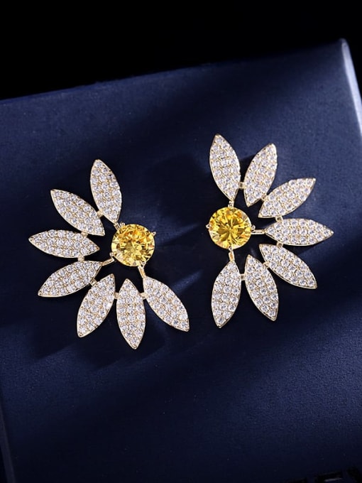 Golden +white Brass Cubic Zirconia Flower Luxury Stud Earring