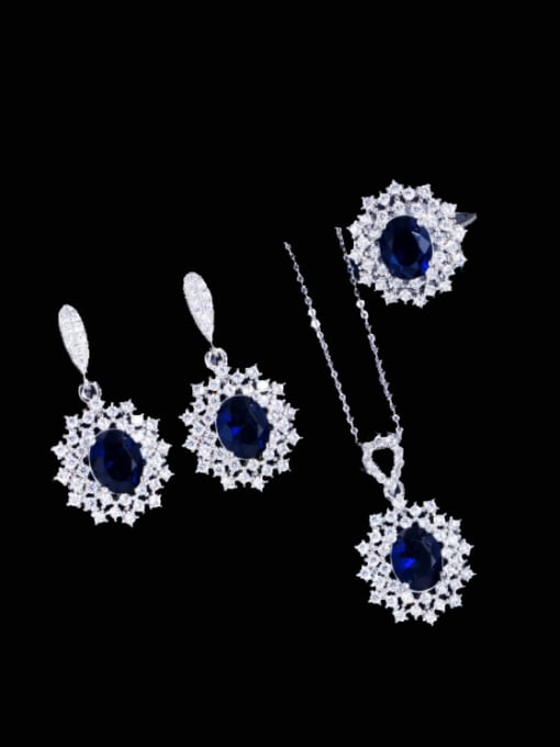 Royal Blue US 6 Brass Cubic Zirconia Luxury Geometric Earring Ring and Necklace Set