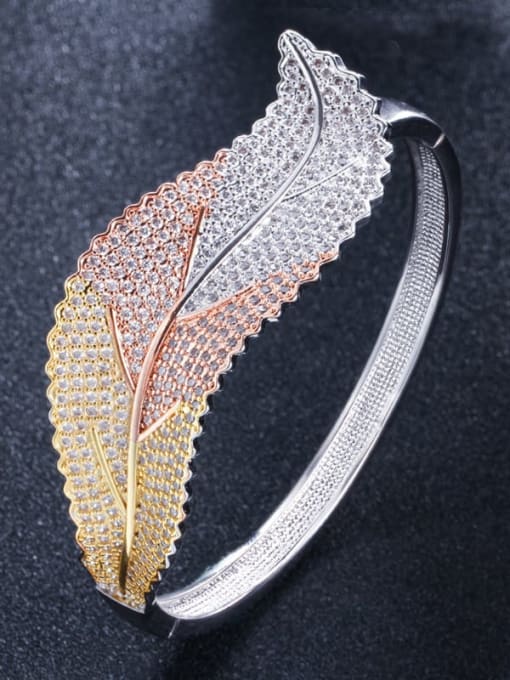 platinum Brass Cubic Zirconia Leaf Luxury Band Bangle