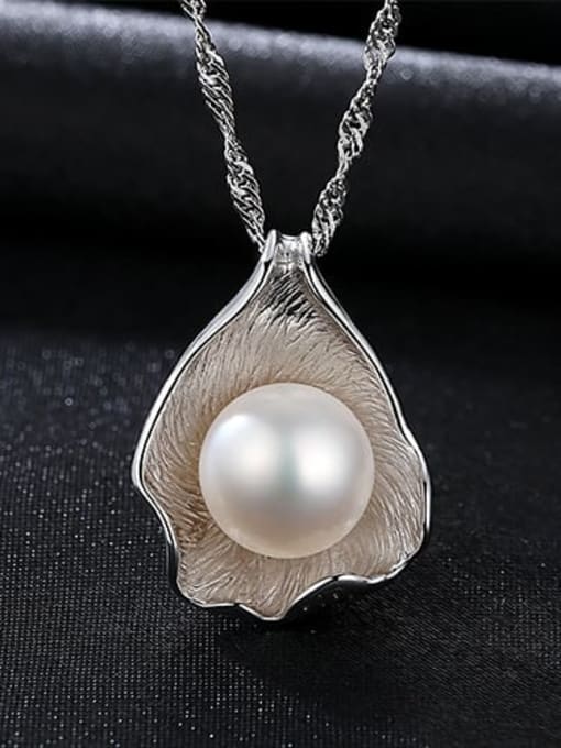 White 6B07 925 Sterling Silver Freshwater Pearl Water wave chain Freshwater Pearl Pendant Necklace
