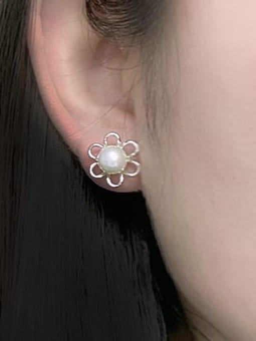 RAIN Brass Freshwater Pearl Flower Minimalist Stud Earring 1
