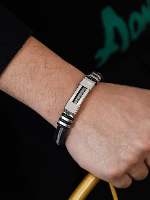PH793 silicone bracelet Titanium Steel Artificial Leather Geometric Hip Hop Handmade Weave Bracelet