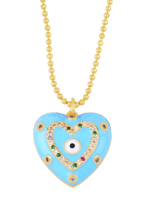 blue Brass Enamel Evil Eye Vintage Heart  Pendant Necklace