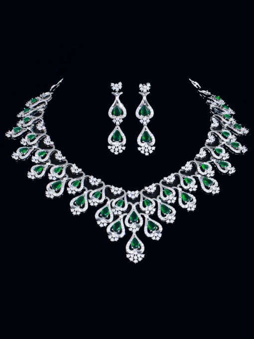Two piece set Brass Cubic Zirconia Luxury Water Drop Earring and Necklace Set