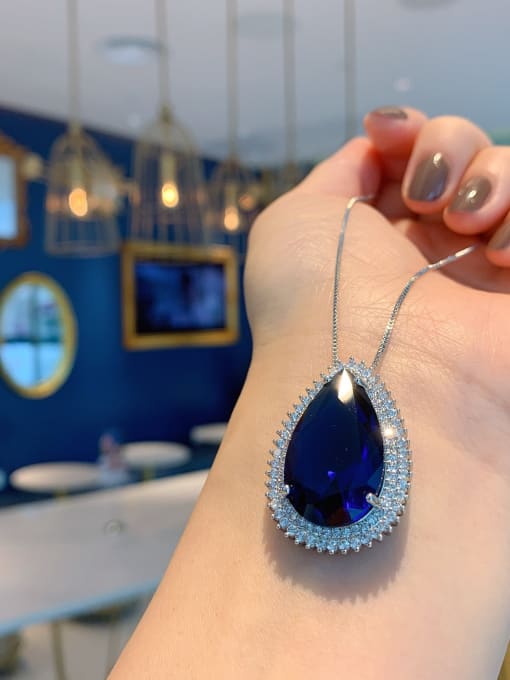 Blue Treasure Pendant Brass Cubic Zirconia Luxury Water Drop Earring and Necklace Set