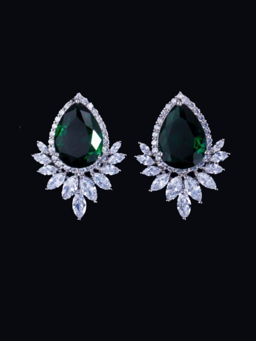 green Brass Cubic Zirconia Water Drop Luxury Cluster Earring