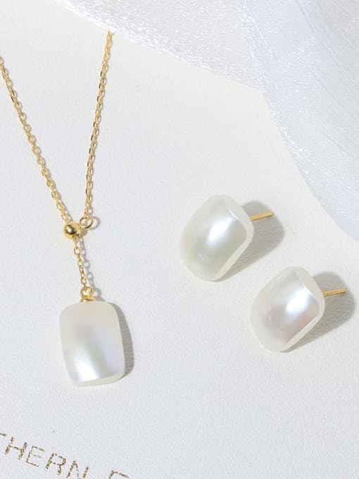 RAIN Brass Shell Pearl Minimalist Geometric  Earring and Necklace Set