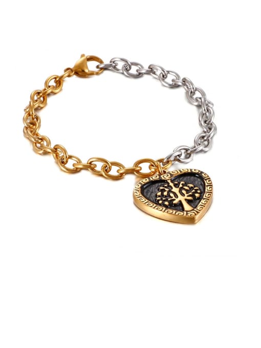 gold Stainless Steel Black Enamel Heart Vintage Link Bracelet