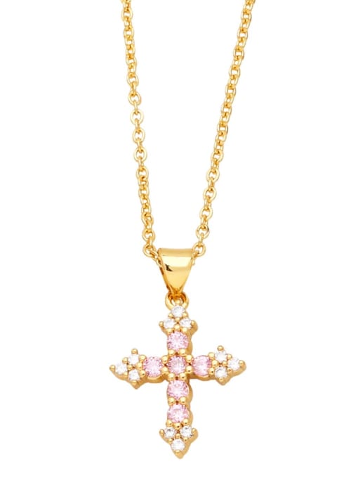 Pink Brass Cubic Zirconia Cross Hip Hop Regligious Necklace