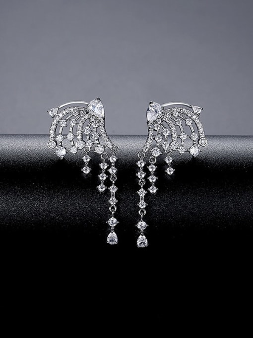 Platinum Brass Cubic Zirconia Asymmetric  Tassel Luxury Cluster Earring