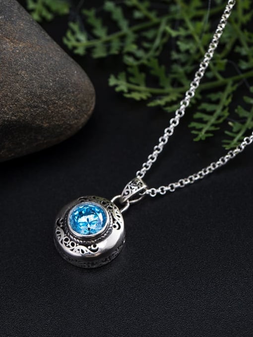 Sea blue zircon chain 925 Sterling Silver Cubic Zirconia Round Vintage Necklace