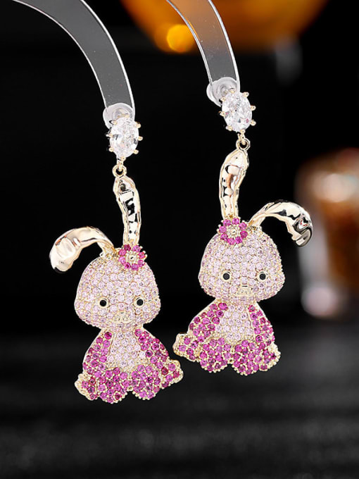 Rose red Brass Rhinestone Rabbit Luxury Cluster Earring