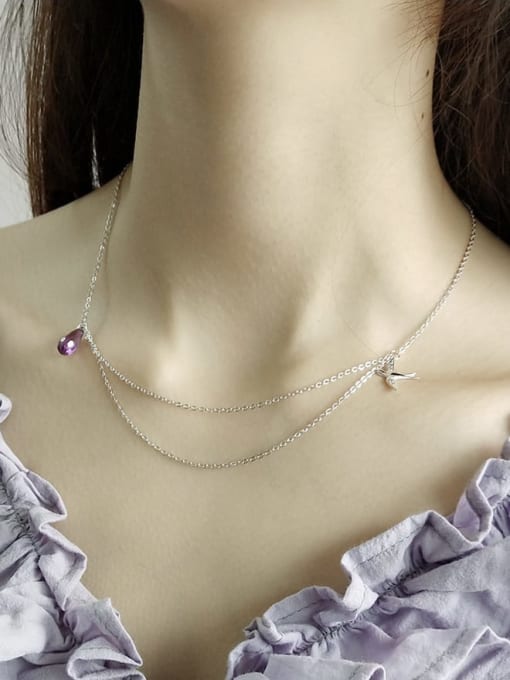 Boomer Cat 925 Sterling Silver Crystal Purple Water Drop Trend Multi Strand Necklace 0