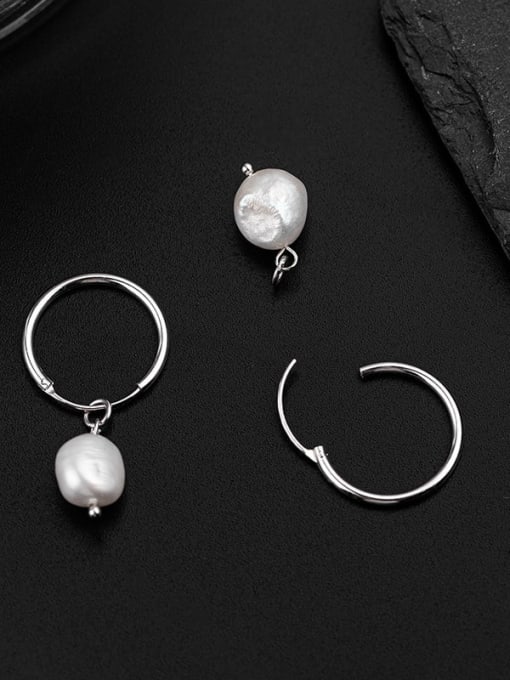 ES2084 【 Platinum 】 925 Sterling Silver Imitation Pearl Geometric Minimalist Huggie Earring