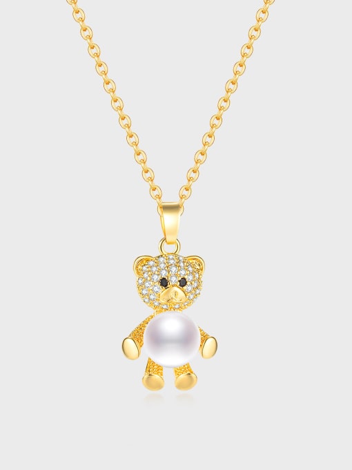 Open Sky Titanium Steel Imitation Pearl  Cute Bear Pendant Necklace