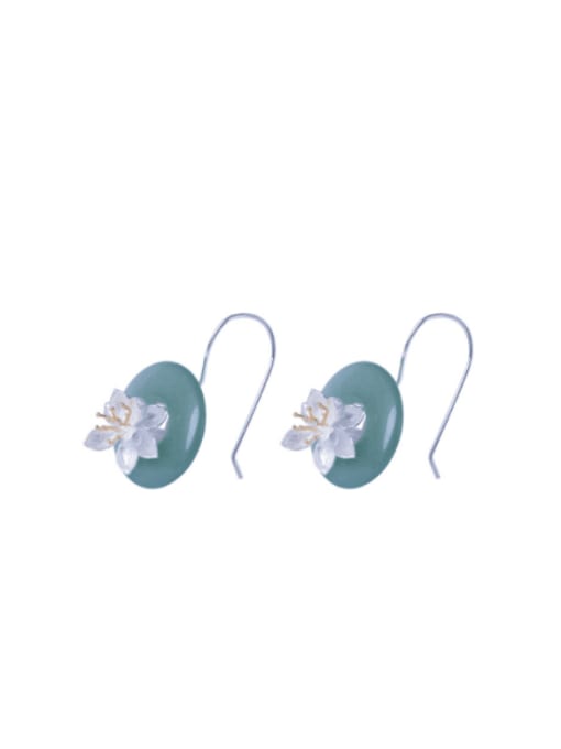SILVER MI 925 Sterling Silver Jade Flower Ethnic Hook Earring 2