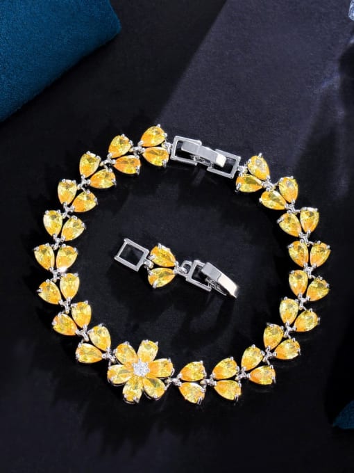 yellow Brass Cubic Zirconia Flower Statement Bracelet